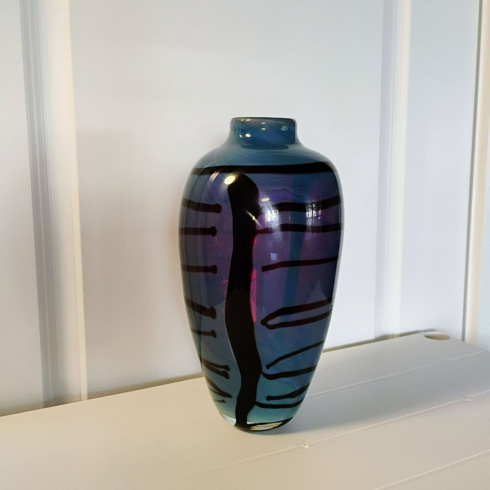 Handblown Iridescent Art Glass Vase With Abstract Design Blue & Purple Tones 12" - Picture 12 of 16
